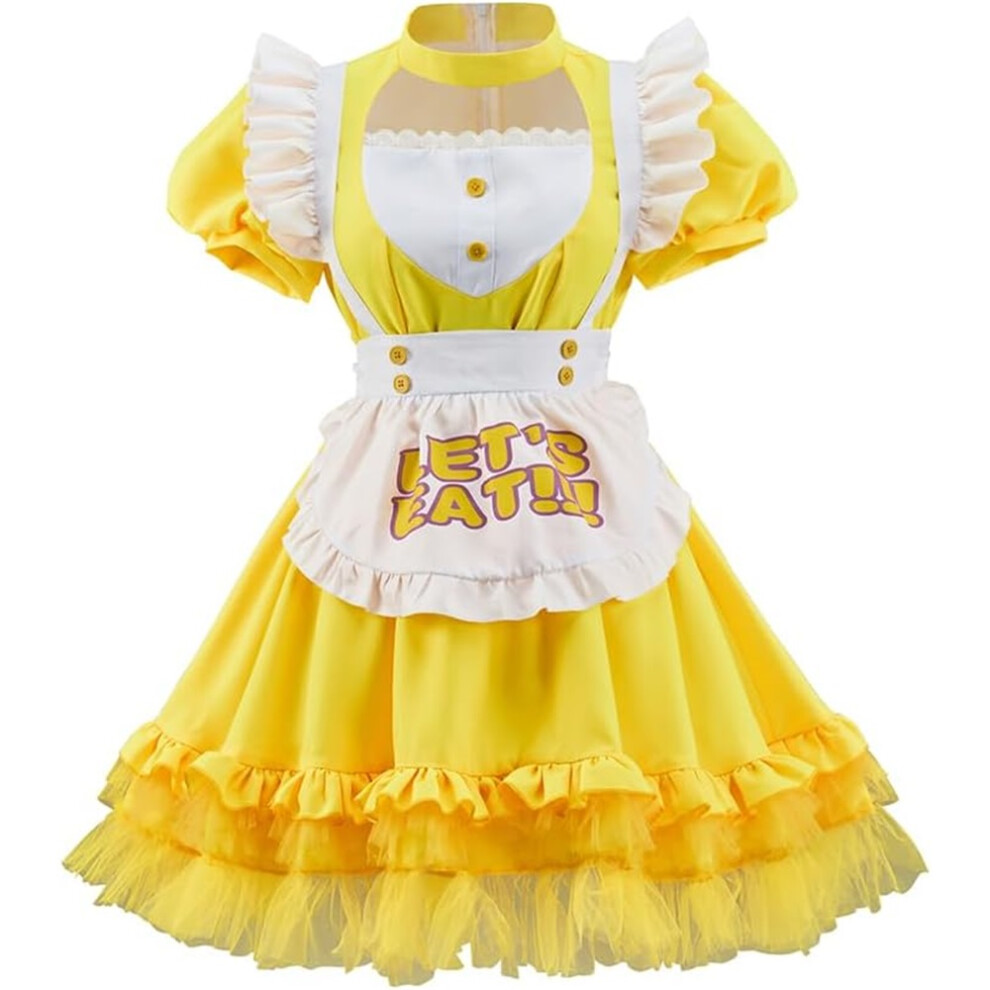 (Medium) Chica Cosplay Costume Women Maid Lolita Apron Sweet Cute Fancy Dress Halloween Outfit Yellow