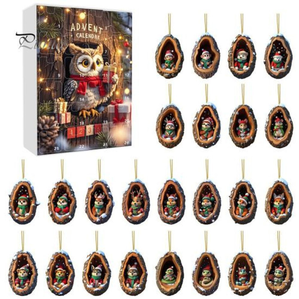 (as the picture, G) Christmas Advent Calendar 2D Acrylic Ornament Set Animal in Tree Hole Hanging Decoration Countdown Calendar Holiday Gifts for Kids Family