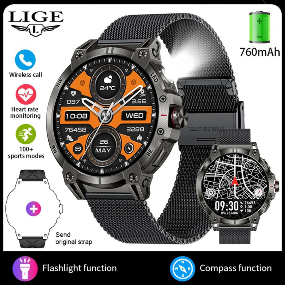 (black, mesh belt) LIGE 1.8" Bluetooth Call Smart Watch 760mAh Outdoor Sports Fitness Tracker Men Watches LED Flashlight Compass Smartwatch