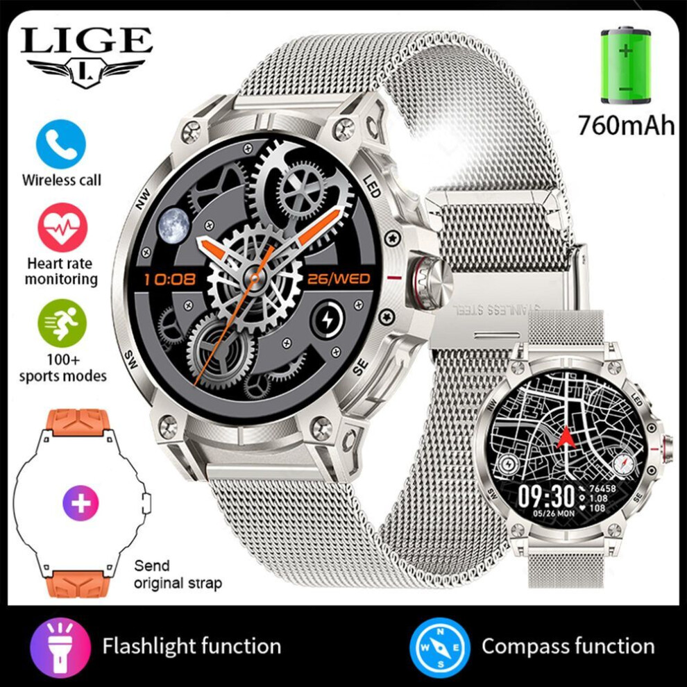 (silver, mesh belt) LIGE 1.8" Bluetooth Call Smart Watch 760mAh Outdoor Sports Fitness Tracker Men Watches LED Flashlight Compass Smartwatch