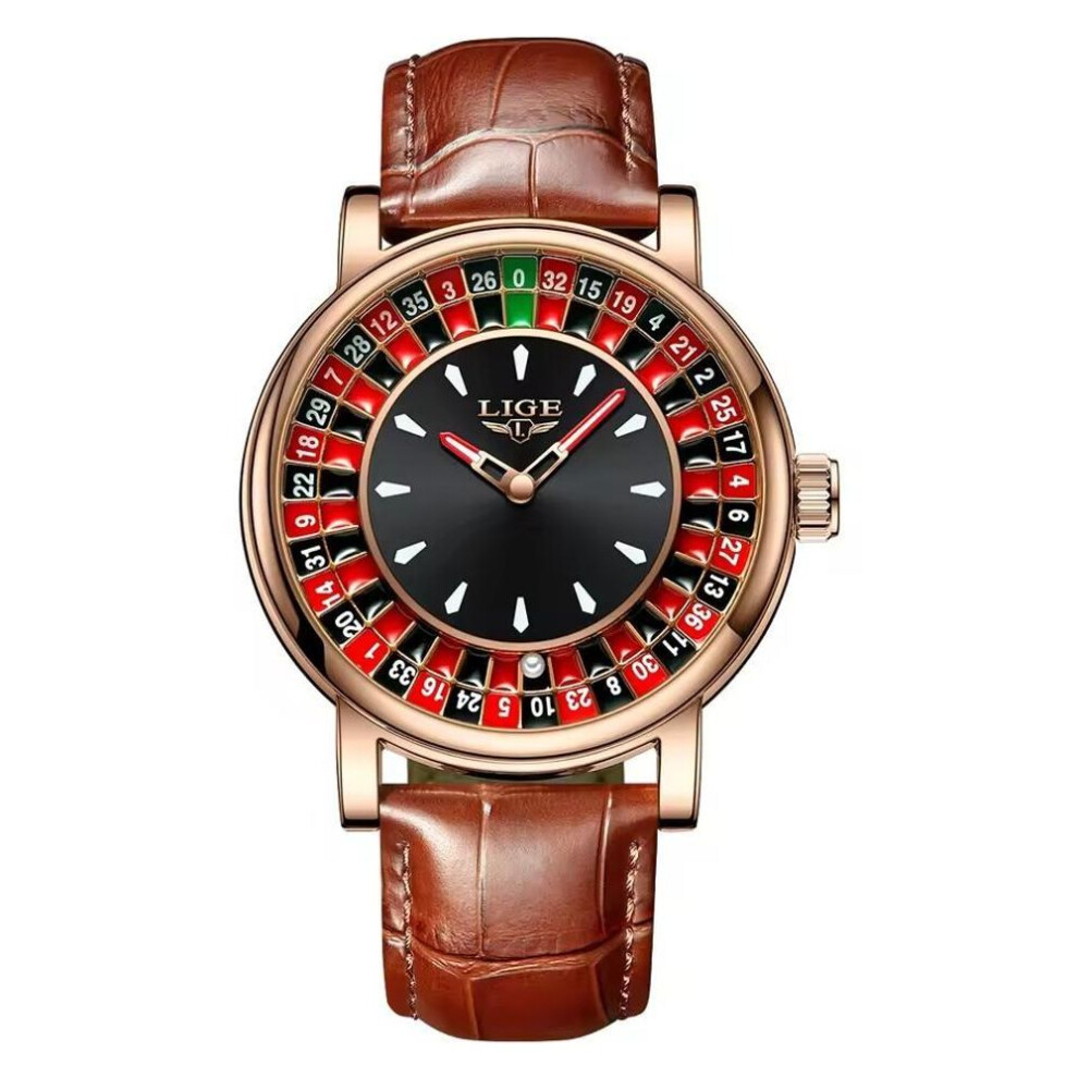 (rose gold) Lige 2025 Creative Men Watch Fashion Roulette Dial Waterproof Luminous Men's Quartz Watch