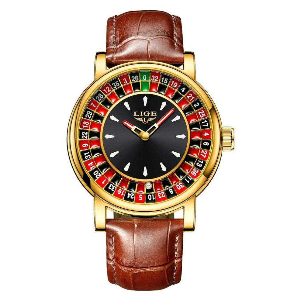 (gold) Lige 2025 Creative Men Watch Fashion Roulette Dial Waterproof Luminous Men's Quartz Watch