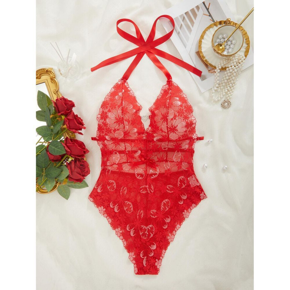 (as the picture, S) New fashion deep V slim sex onesie women's sexy lace see-through dress