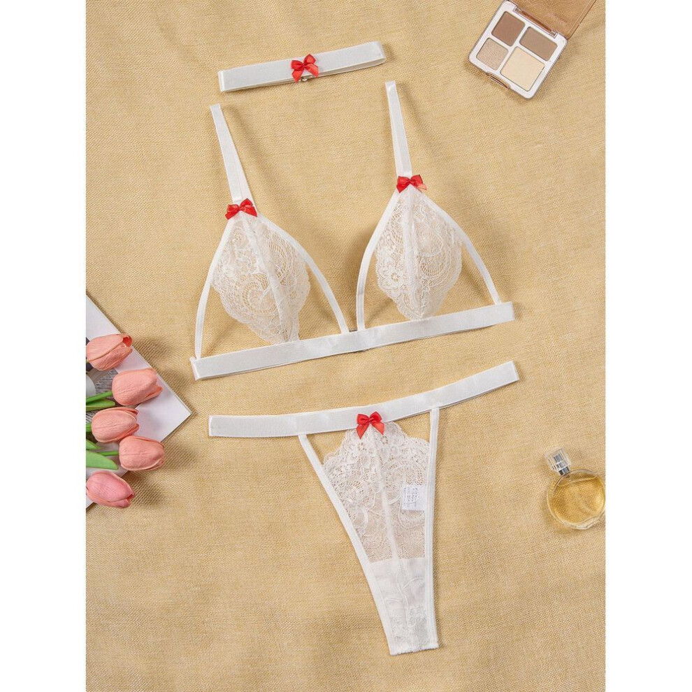 (M, white) Sexy sexy lace seduction hot hollowed out three-point uniform women's pajamas