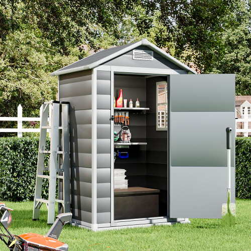 4.4x3.4FT Garden Plastic Storage Shed with Lockable Hinged Door, Grey 1