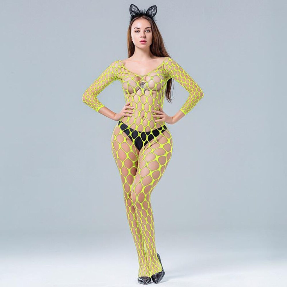 (neon yellow, Gift Box (Colorful Paper Card)) Women's Sexy Open Cup Lingerie Pajamas - Flirty, Hot, Open Crotch Design