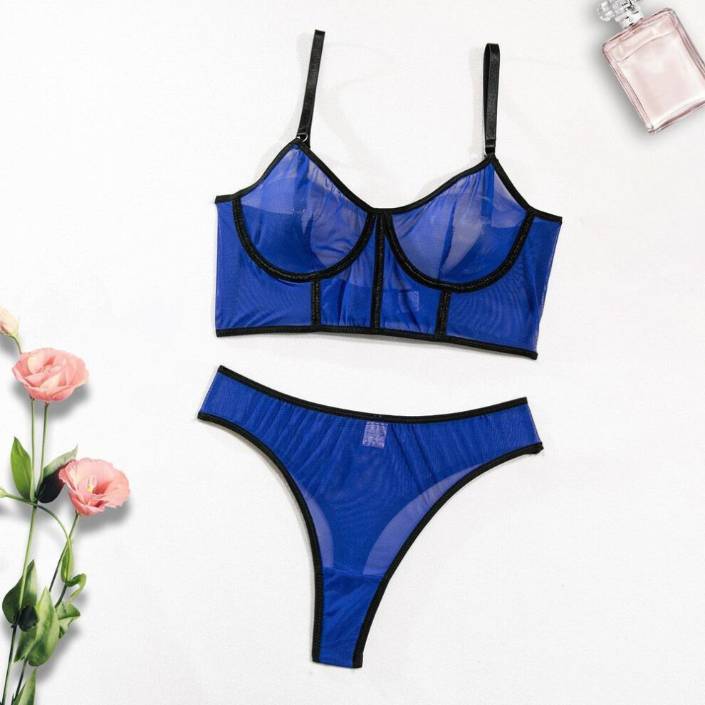 (S, royal blue) Sexy Mesh Lingerie with Steel Support and Fishbone Detail Pajama Set