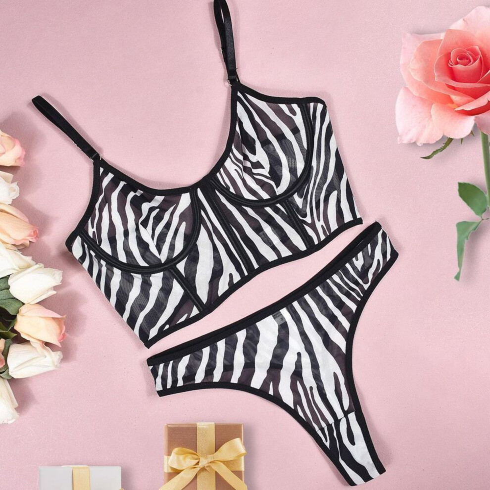 (M, zebra) Sexy Mesh Lingerie with Steel Support and Fishbone Detail Pajama Set
