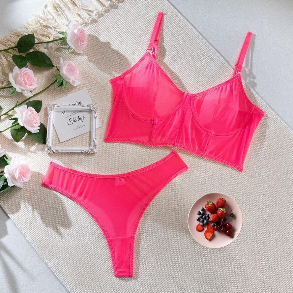 (L, neon pink) Sexy Mesh Lingerie with Steel Support and Fishbone Detail Pajama Set