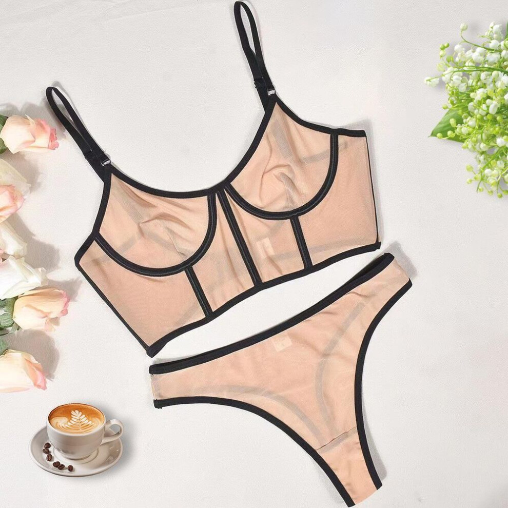 (L, khaki) Sexy Mesh Lingerie with Steel Support and Fishbone Detail Pajama Set