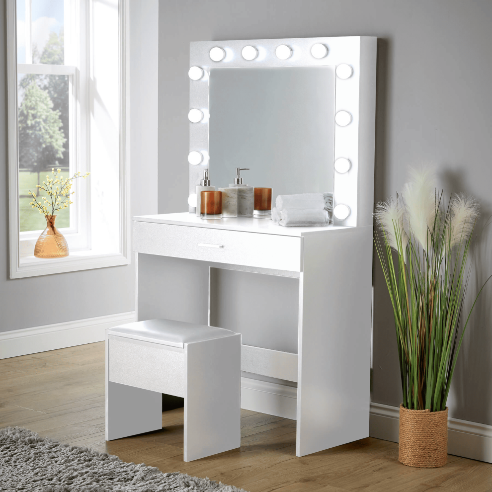 (White) Dressing Table with Stool and LED Lights Mirror