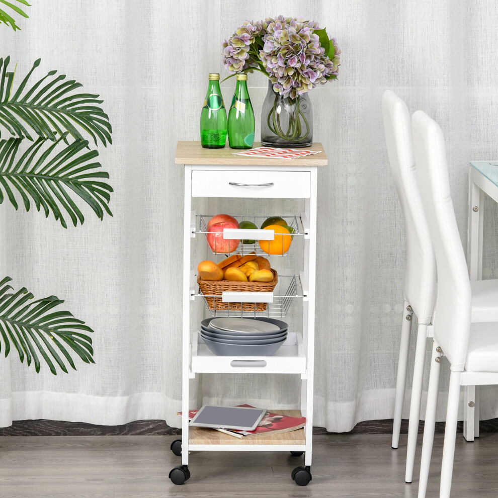 HOMCOM Mobile Rolling Kitchen Island Trolley for Home Metal Baskets Tray Shelves
