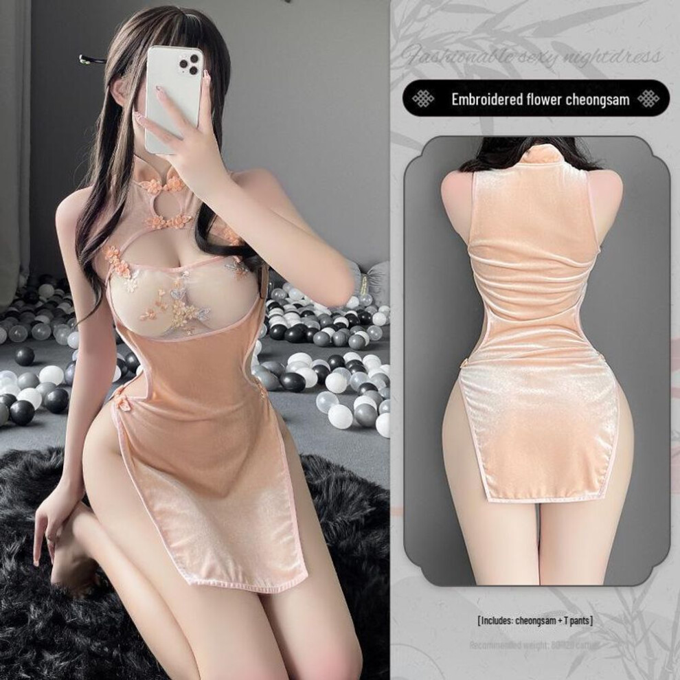 (pink, One Size) Manyan See-Through High Waist Split Skirt Cheongsam Lingerie Set