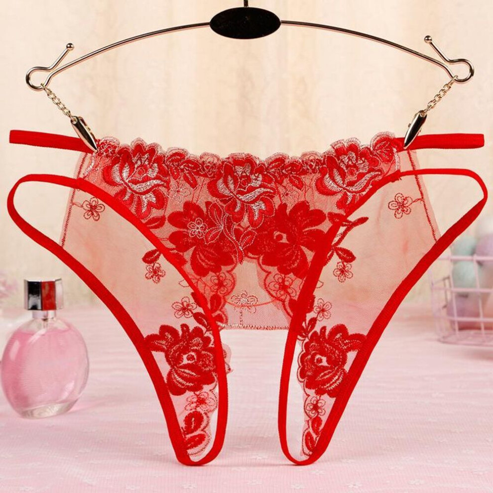 (red, One Size) Exquisite Embroidered Mesh Open-crotch Underwear For Girls & Women 255