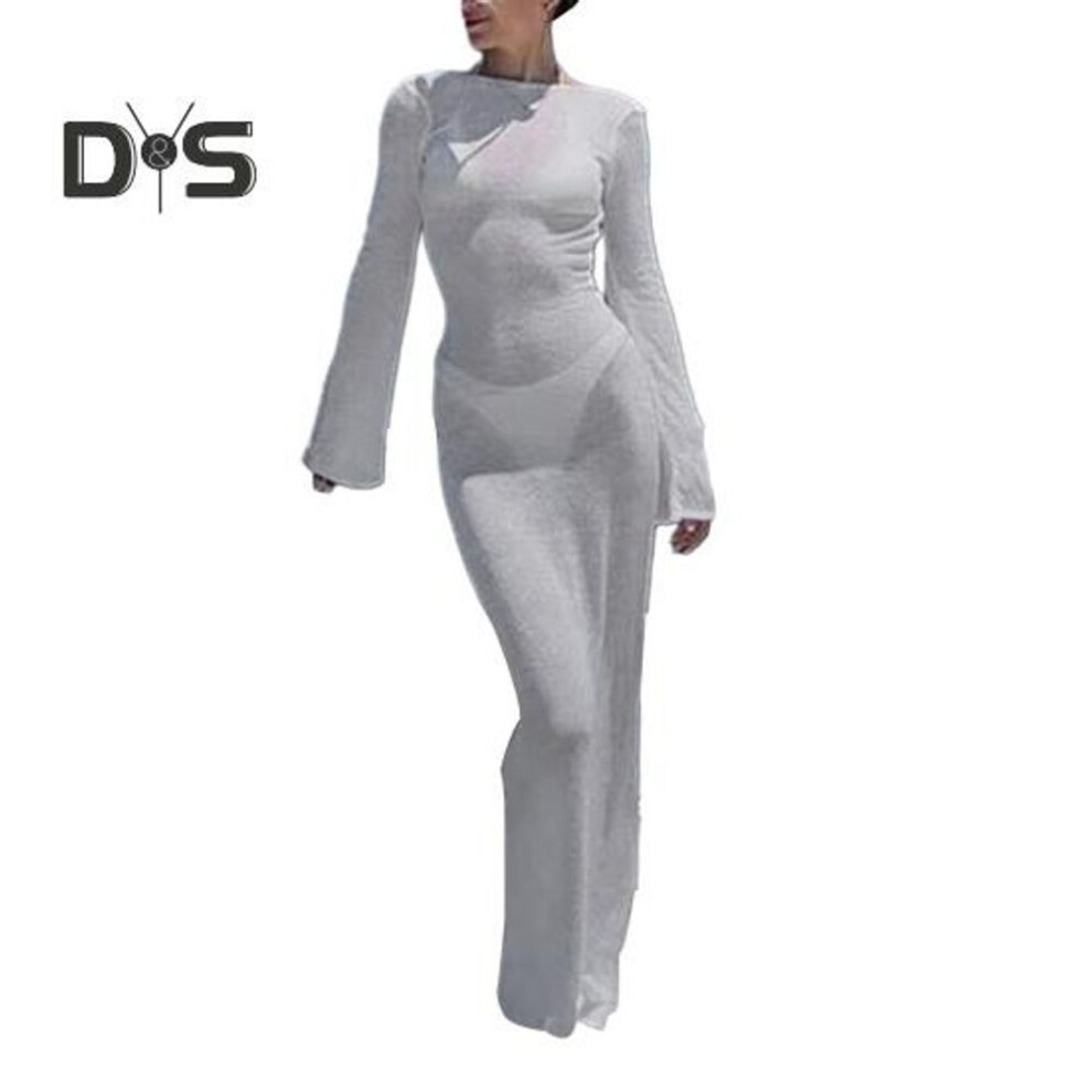(S, white) Beach Cover-up Dress See-through Round Neck Long Sleeves Slim Fit Skinny Lace-up Backless Elastic Sun Protection Anti-UV Floor Length Lady Swimsuit