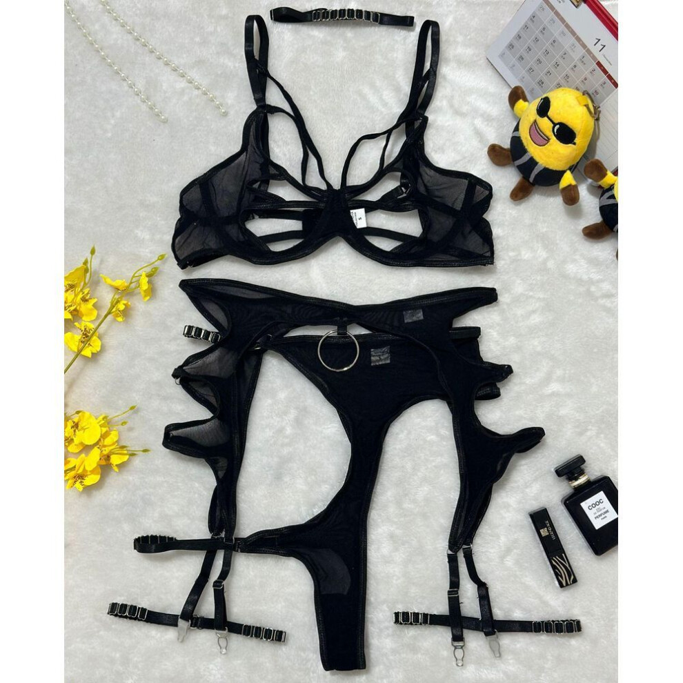 (Large, black) European And American Hot-selling Erotic Lingerie: Sexy Hollow Mesh, Slim-fit, Underwire, 4-piece Set