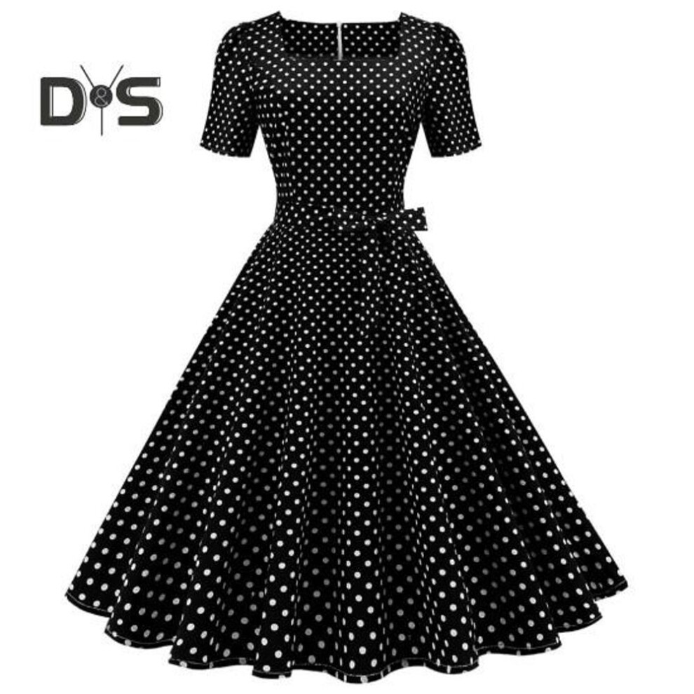 (black, 2XL) Vintage Polka Dot Dress Classic Movie Style Elegant Timeless Retro Design Square Collar Women's Dress