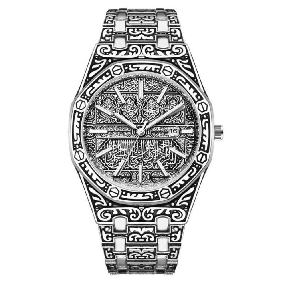 (silver) 2023 Fashion Men's Steel Quartz Watch with Carved Calendar