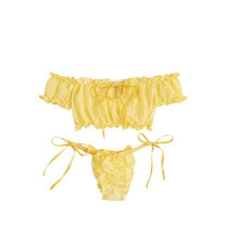 (As show, One size) Women's Self Tie Ruffle Trim Dobby Mesh Lingerie Set Sexy Bra and Panty(Yellow, XL)