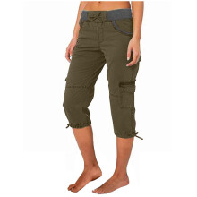 (As show, One size) Women's high waist drawstring pocket overalls A-line loose wide leg stretchable cuffs casual pants 7-point pants ArmyGreen S