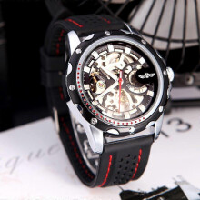 (As show, One size) Winner Fashionable Men's Skeleton Semi Automatic Mechanical Watch with Classical Dial Design Silicone Wrist Band Black