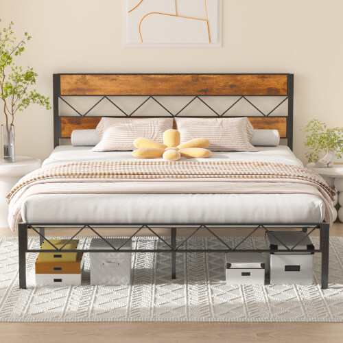 Double Metal Platform Bed Frame with Rustic Vintage Wooden Headboard