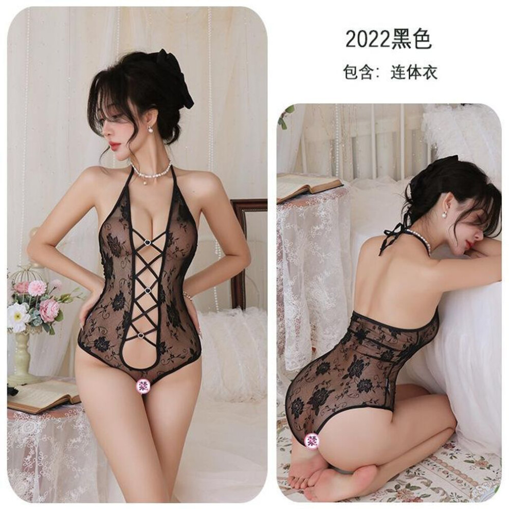 (black, Average Size (80-65kg)) Sexy Seduction Lace Neck onesie Perspective Uniform Seduction Tights