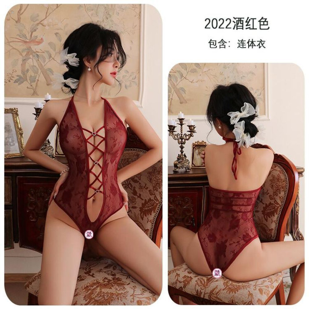 (burgundy, Average Size (80-65kg)) Sexy Seduction Lace Neck onesie Perspective Uniform Seduction Tights