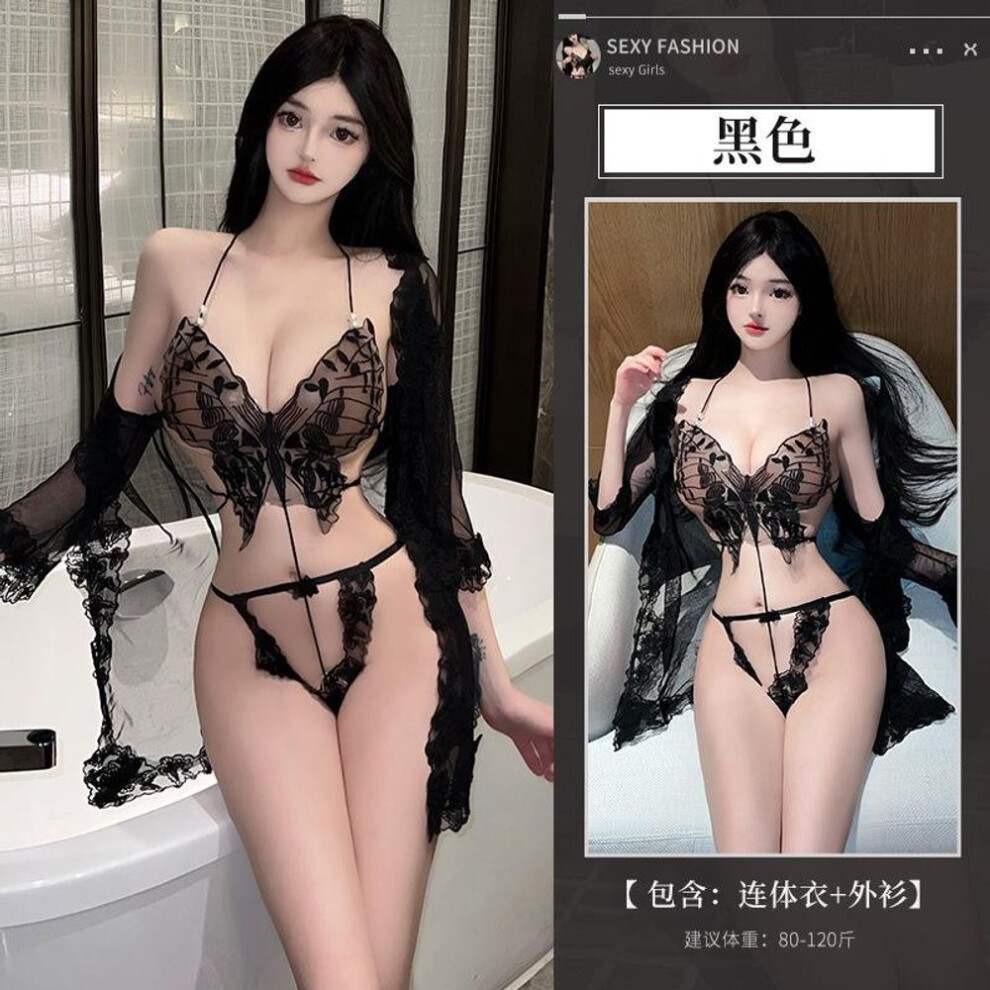 Sex Underwear Women's Sexy Butterfly Top Perspective Strap One-piece Three-point Outer Blouse Set