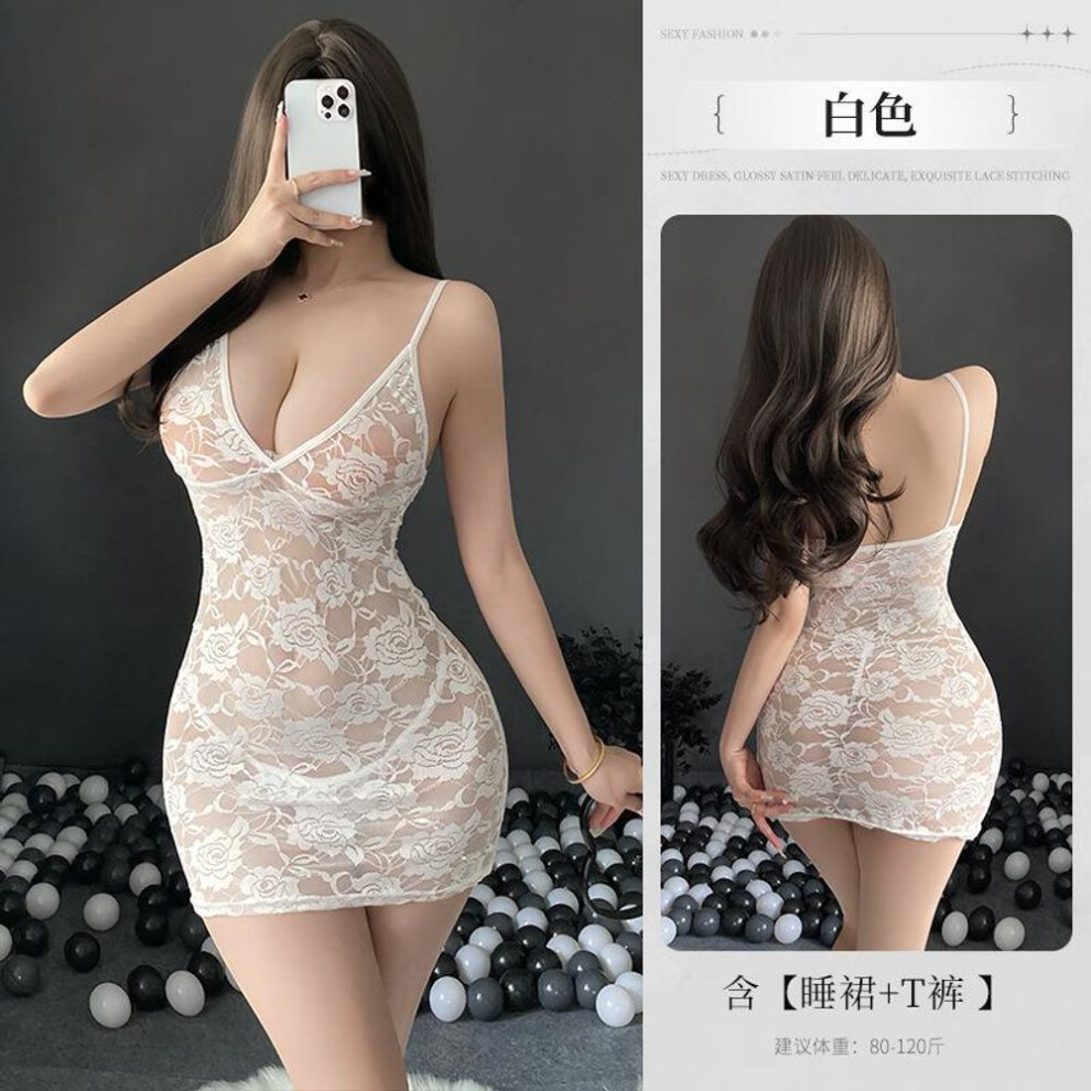 (white, One size) Sexy Lingerie Sexy Low-cut Lace Perspective Suspender Dress Spice Girl Slim Fit Pure Desire Wind Bed Robe