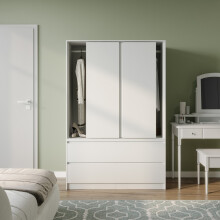 (White with White Drawers) 180cm 3 Sliding Door 4 Drawer Wardrobe Clothes Storage Hanging Rail Bedroom