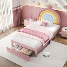 3ft Single Upholstered Bed with Storage Drawer, Rainbow Headboard,Pink