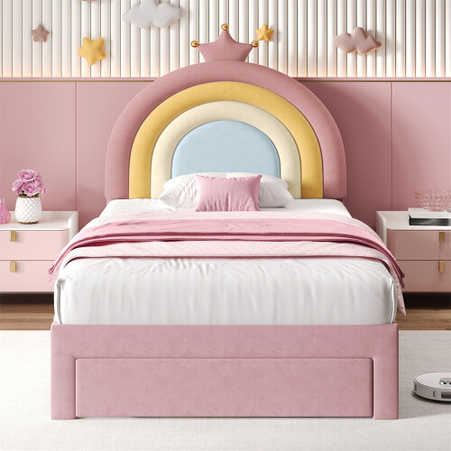 3ft Single Upholstered Bed with Storage Drawer, Rainbow Headboard,Pink 2