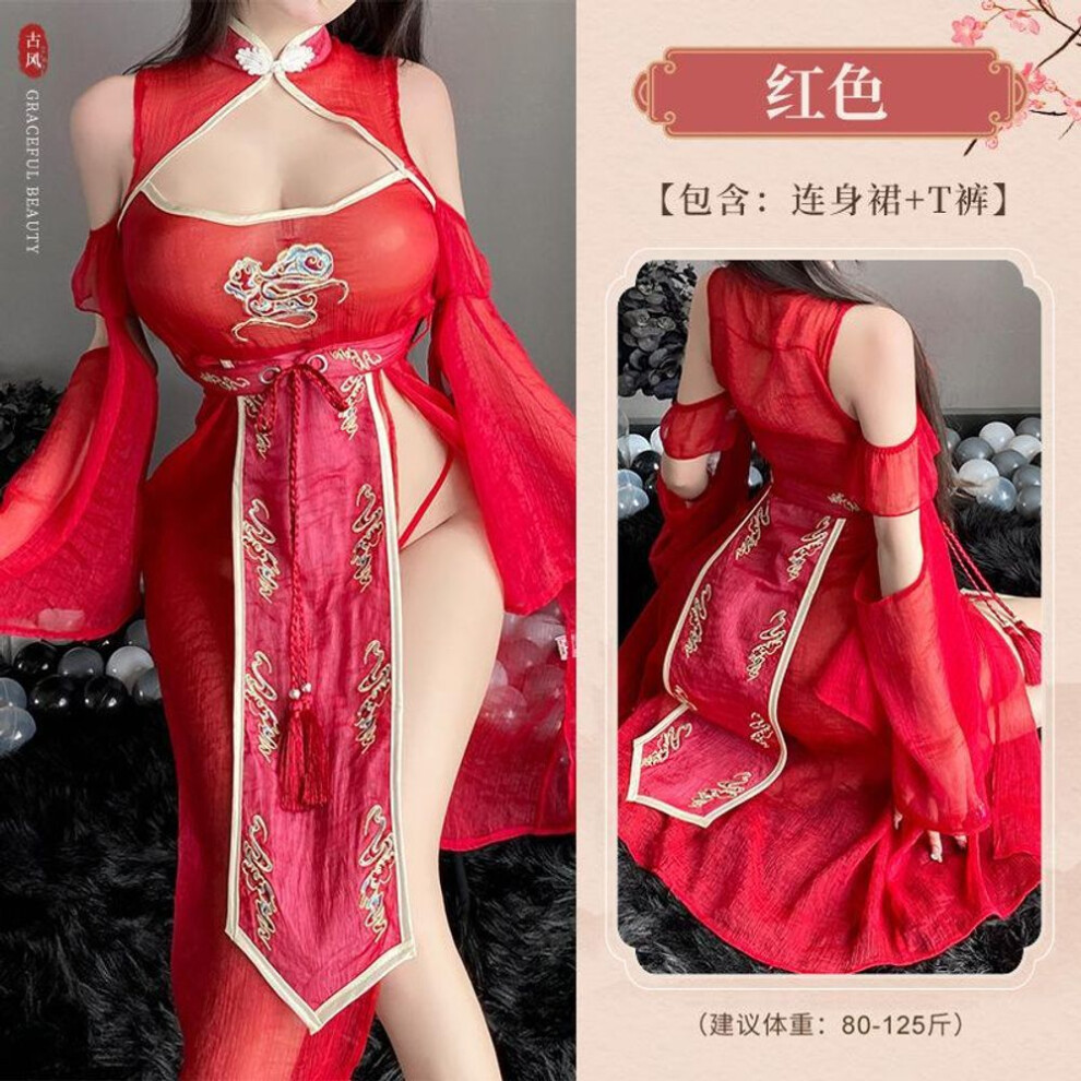 (red, one size fits all) Erotic underwear women's sexy pajamas antique Hanfu temptation cheongsam uniform flirting hot suit