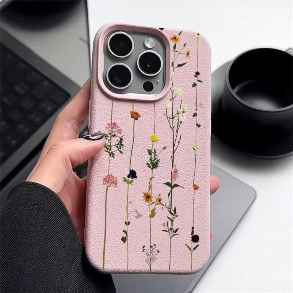 (pink, iPhone 13) Simple Floral Print Matte Leather Texture Slim Case For iPhone 16 Pro Max 15 Pro 14 13 12 11 TPU Soft Shockproof Phone Cover