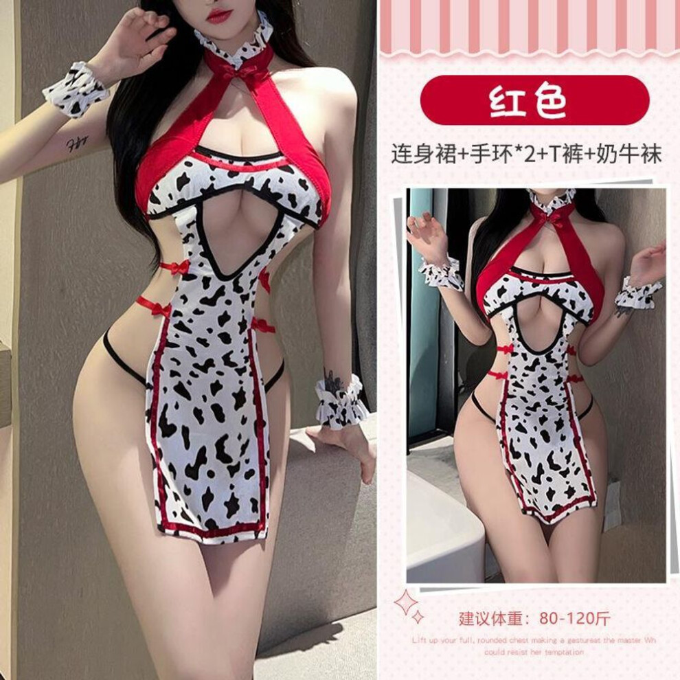 (red, Average size) Sexy Lingerie Women's Passion Small Chest Robe Free Cute Cow Uniform Seduction Suit