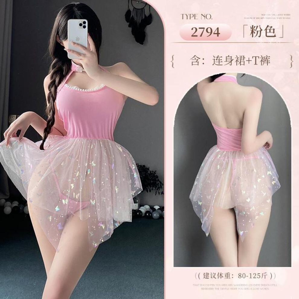 (pink, One Size (80-60kg)) Sexy lingerie female pure desire sweet playful butterfly sequined princess dress uniform no-take pajama set