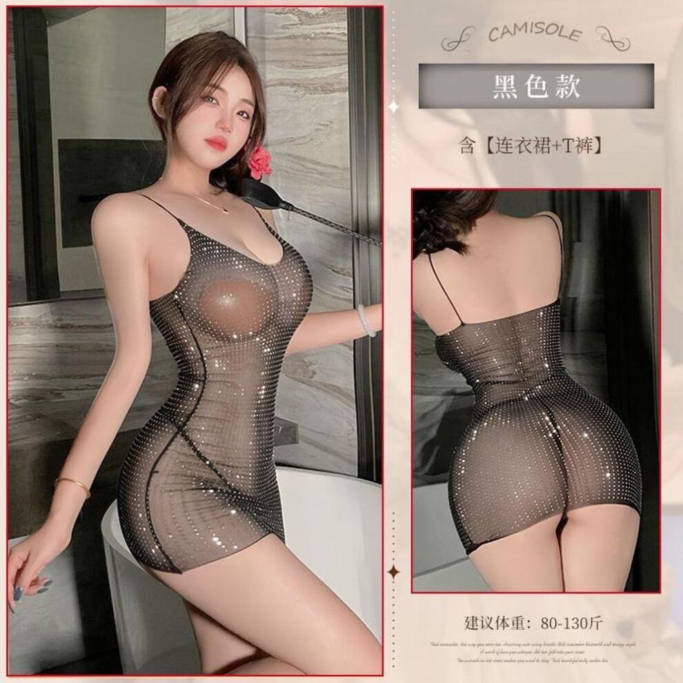 Sexy lingerie Spice girl v-neck low-cut suspender small black dress tight perspective bright diamond no-take dress