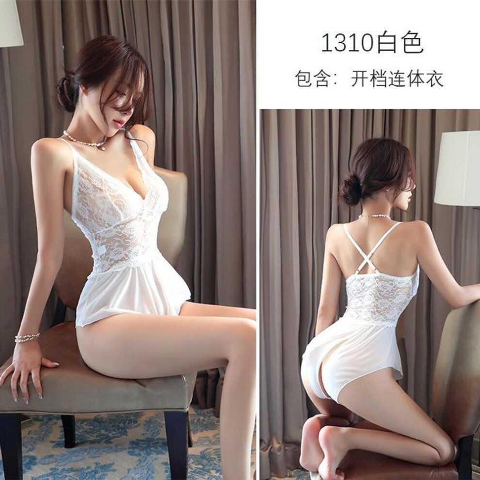 (white, One Size (80-60kg)) Sexy Lingerie Female Sexy Temptation Open Onesie Set Suspender Lace