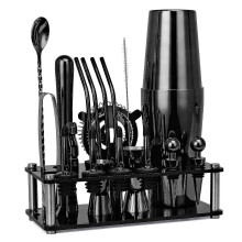 (As show, One size) Boston Cocktail Shaker Bar Tools 20-Piece Acrylic Set with Base Black Boston