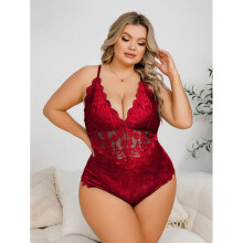 (burgundy, 2XL) Sexy female sexy hollow lace neck open one-piece