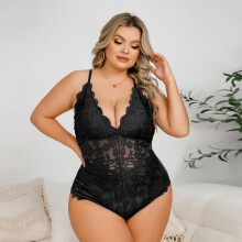 (black, 4XL) Sexy female sexy hollow lace neck open one-piece