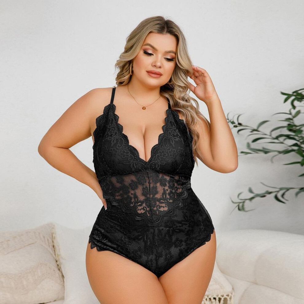(black, 4XL) Sexy female sexy hollow lace neck open one-piece