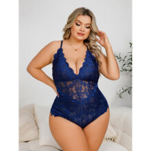 (navy blue, 1XL) Sexy female sexy hollow lace neck open one-piece
