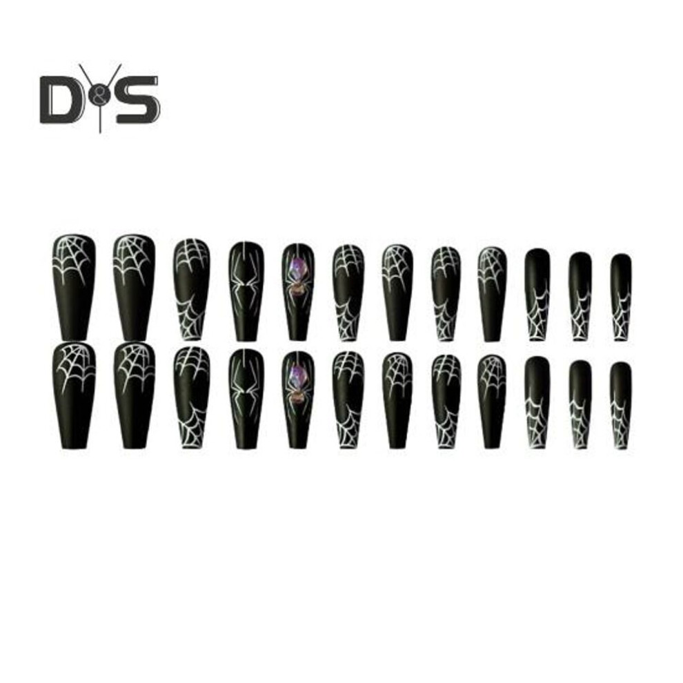 1 Set Halloween Spider Web Fake Nails with Glue Gothic Black Long Nail Extension Full Cover Home Salon Women Girls Acrylic Press on Nails Kit