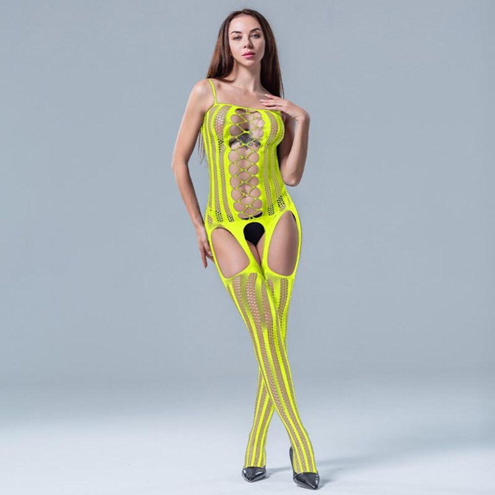 (fluorescent yellow, Luxury Pack (Color paper card)) Hot Sale: Vertical Stripe Mesh Dress With Suspender Chest Wrap, Hollow Socks, And Open Crotch Pajamas.