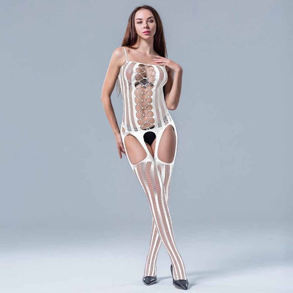 (white, Luxury Pack (Color paper card)) Hot Sale: Vertical Stripe Mesh Dress with Suspender Chest Wrap, Hollow Socks, and Open Crotch Pajamas.