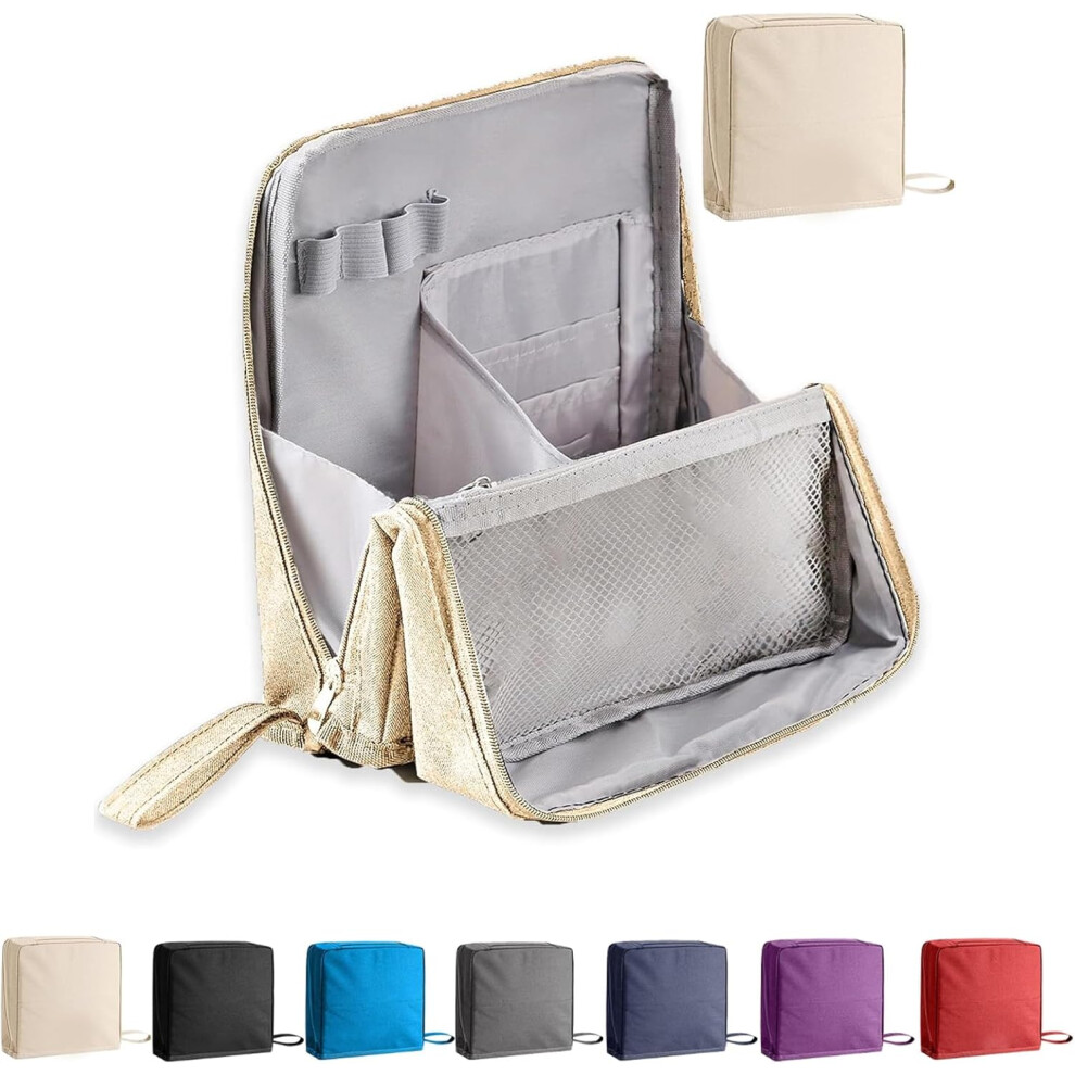 Beige (Beige) Multi-Purpose Large Capacity Oxford Cloth Standing Makeup Bag,Waterproof Makeup Bag Organizer With Compartments,Large Travel Makeup Case