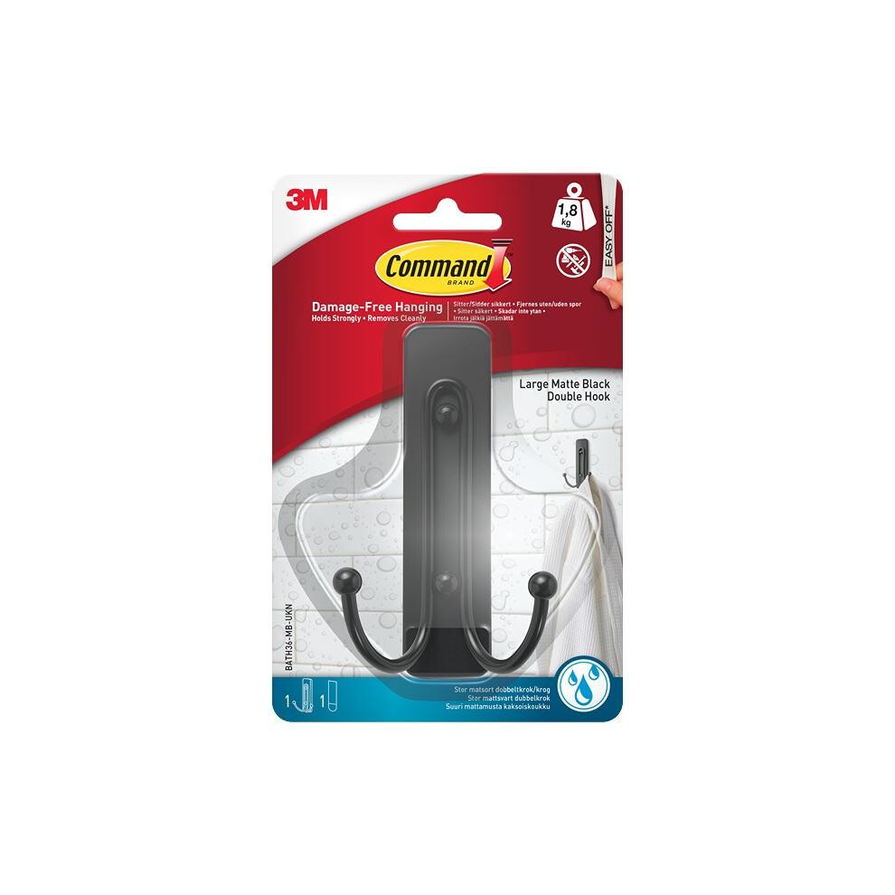 BATH36 Command Bathroom Large Double Bath Hook Matte Black