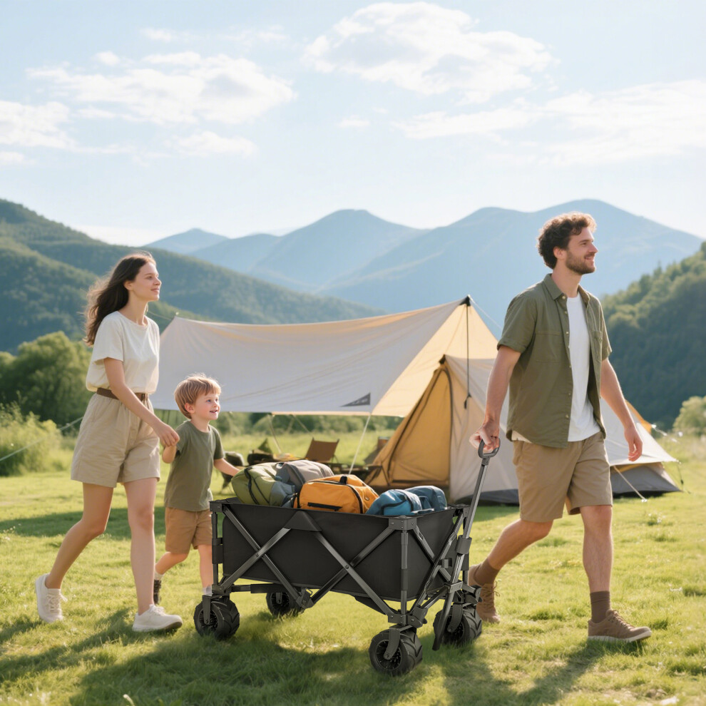 Outsunny Outdoor Pull Along Garden Trolley on Wheels Folding Beach Cart Black